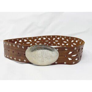 Chico's Brown Laser-Cut Leather Belt with Silver Oval Buckle